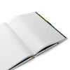Open hardcover journal with lined pages ready for journaling, showcasing stylish matte finish and customizable cover.