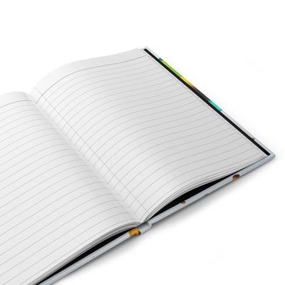 Open hardcover journal with lined pages ready for journaling, showcasing stylish matte finish and customizable cover.